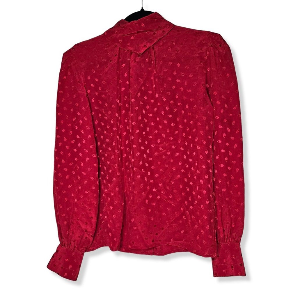 ⚡️Vintage Oleg Cassini 6 Red Silk Back Button Long Sleeve Mock Neck Blouse